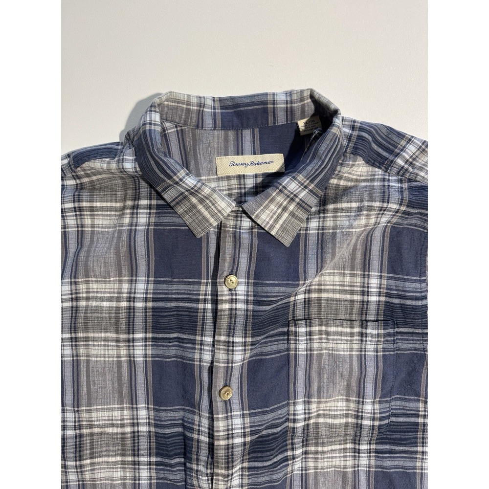 Tommy Bahama Mens XL Blue / Grey Plaid Button‎ Up Shirt Silk / Cotton